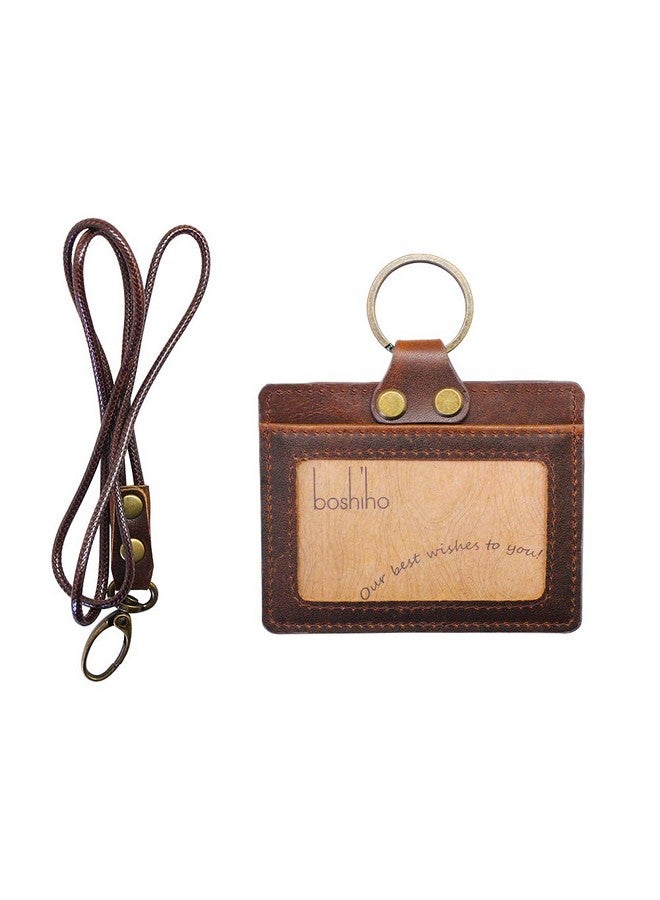 boshiho Badge Holder: Boshiho Cowhide Leather ID Badge Card Holder with 19" Neck Lanyard, Horizontal Style (Dark Brown) - Image 1