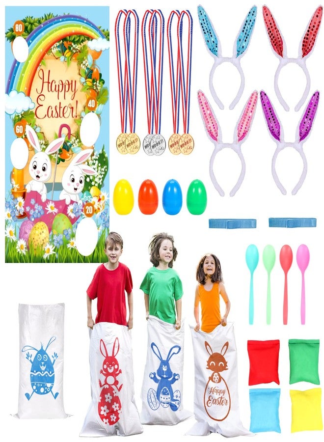 Atonofun Easter Outdoor Party Games for Kids, Potato Sack Race Jumping Bags, Bunny Ears Headbands, Egg and Spoon Race, Legged Relay Race Bands for Easter Theme Party Favor, Easter Eggs Hunt Game - Image 1