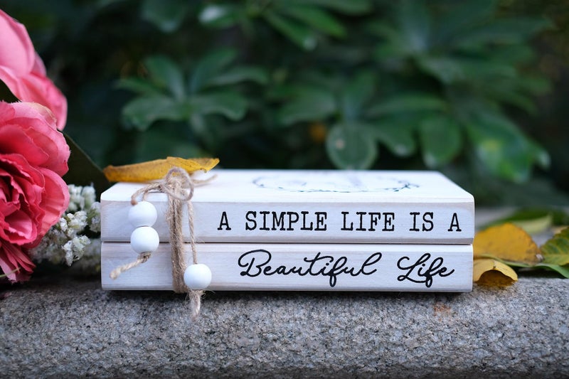 Livducot Decorative Books For Home  White Faux Books For Decoration  Rustic Farmhouse Display Wood Book Stack Coffee Table Decor Set Of 2 (A Simple Life Is A Beautiful Life) - Image 3