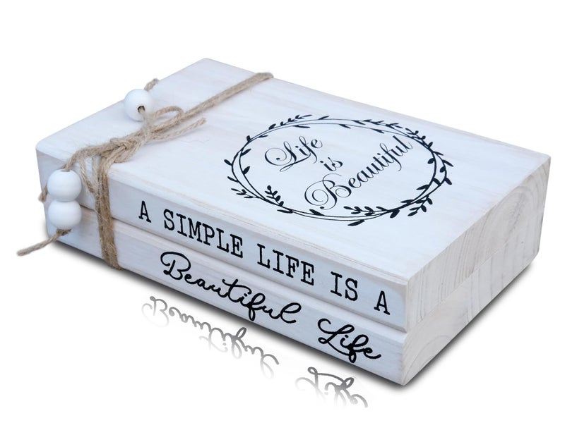 Livducot Decorative Books For Home  White Faux Books For Decoration  Rustic Farmhouse Display Wood Book Stack Coffee Table Decor Set Of 2 (A Simple Life Is A Beautiful Life) - Image 1