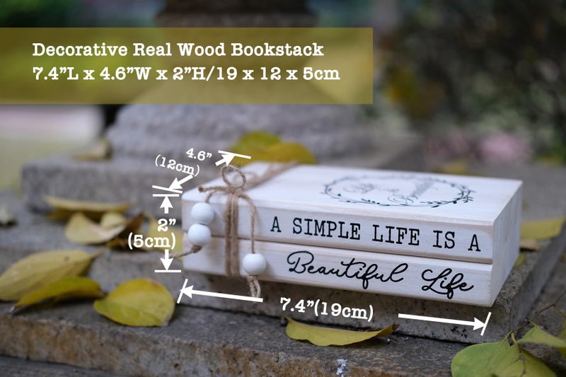 Livducot Decorative Books For Home  White Faux Books For Decoration  Rustic Farmhouse Display Wood Book Stack Coffee Table Decor Set Of 2 (A Simple Life Is A Beautiful Life) - Image 2