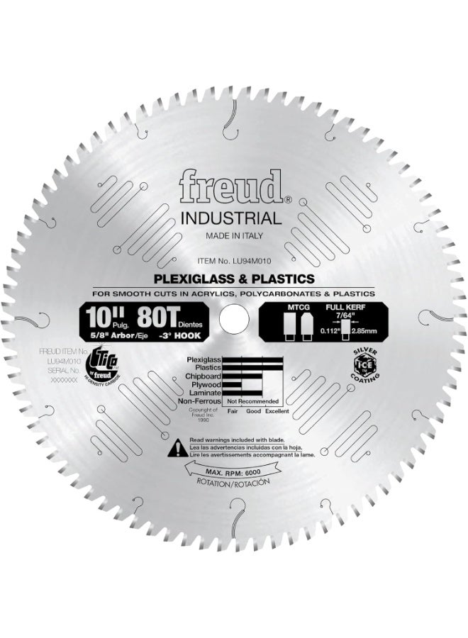 freud شفرة بلاستيكية من فريد - مثالية للبليكسي جلاس، الأكريليك، البولي كربونات، اللامينيت، لوح الشيبورد، البلاستيك - قطر 10 بوصات، 80 سنًا - LU94M010 - Image 1