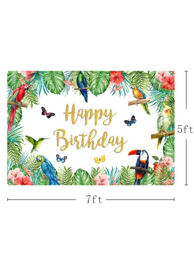 MEHOFOND 7X5Ft Tropical Bird Birthday Backdrop Summer Toucan Palm Leaves Gold Glitter Happy Birthday Banner Photography Background Parrot Hummingbird Luau Decoration Photobooth Props  - Image 4