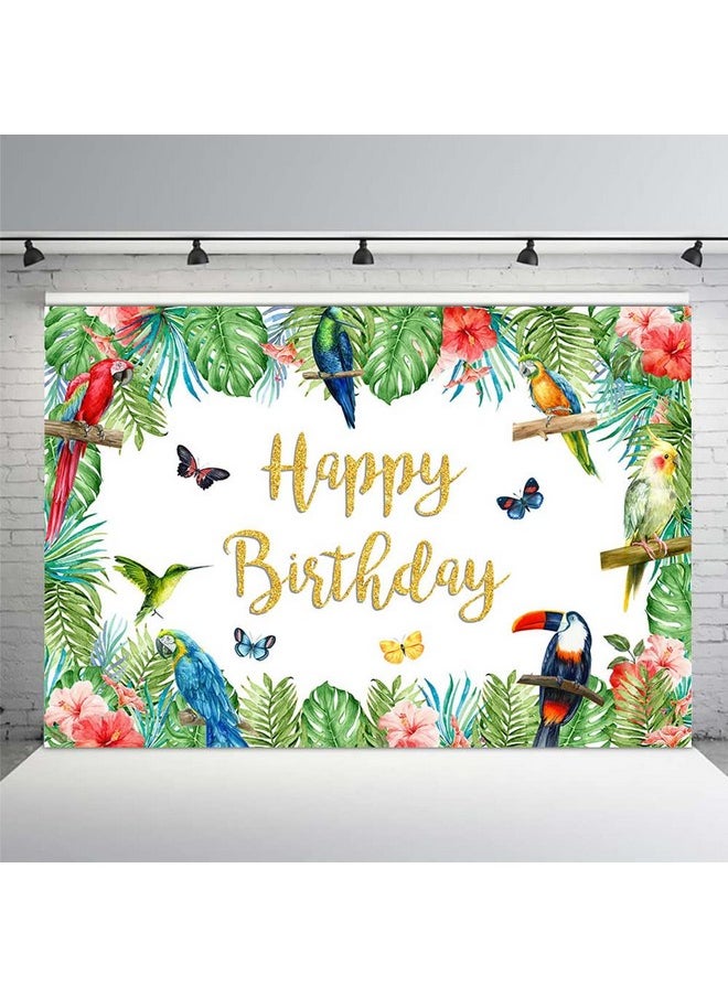 MEHOFOND 7X5Ft Tropical Bird Birthday Backdrop Summer Toucan Palm Leaves Gold Glitter Happy Birthday Banner Photography Background Parrot Hummingbird Luau Decoration Photobooth Props  - Image 3