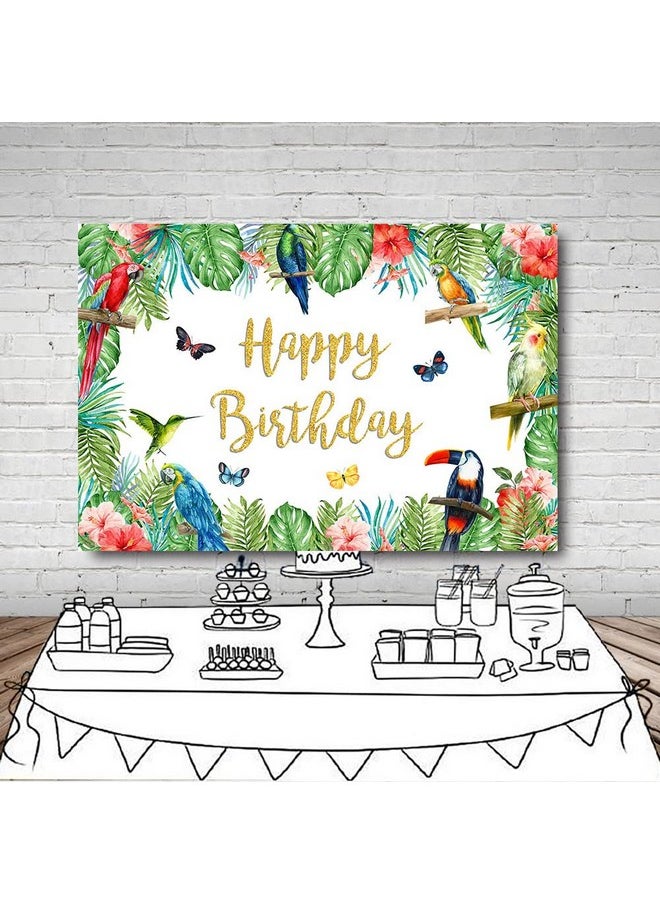 MEHOFOND 7X5Ft Tropical Bird Birthday Backdrop Summer Toucan Palm Leaves Gold Glitter Happy Birthday Banner Photography Background Parrot Hummingbird Luau Decoration Photobooth Props  - Image 5