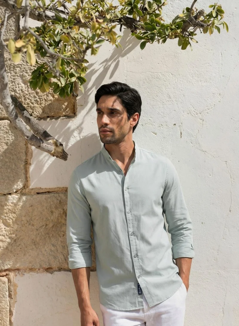 دينيس لينغو Men Sage Cotton Solid Print Button Down Regular Fit Shirt