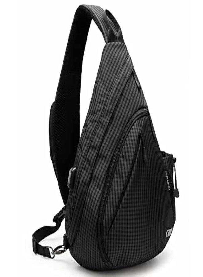 TurnWay Water-Proof Sling bag/Crossbody Backpack/Shoulder Bag with USB Charging Port for Travel, Hiking, Cycling, Camping (Black Grid) - Image 1