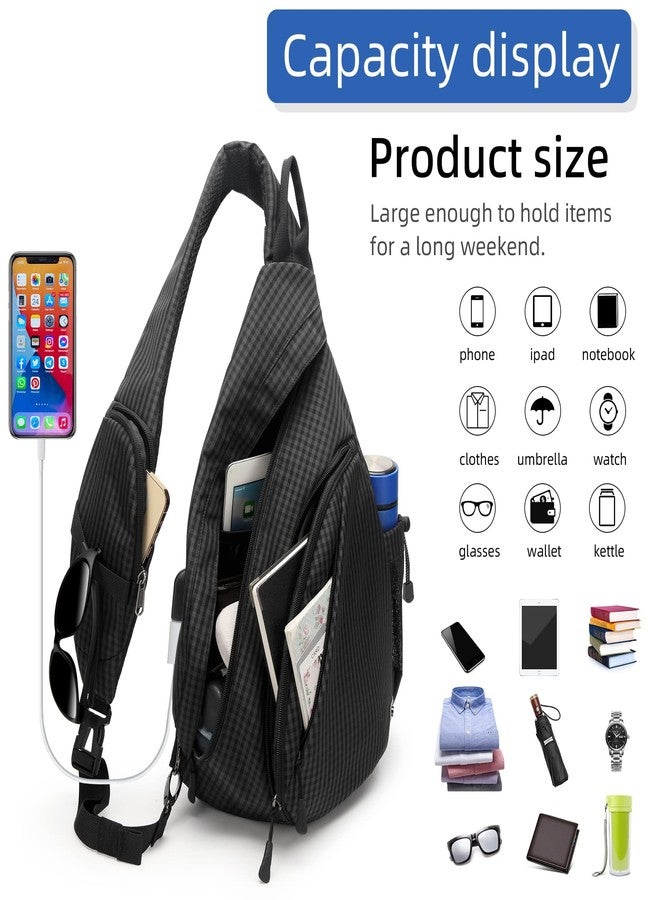 TurnWay Water-Proof Sling bag/Crossbody Backpack/Shoulder Bag with USB Charging Port for Travel, Hiking, Cycling, Camping (Black Grid) - Image 3