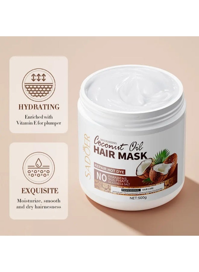 SADOER 500g Coconut Oil Hair Mask Nourishing Repairing Perm Dye hair masks, Repair Dry Frizz Damaged hairs, Hydrating Moisturizing Creamy Coconut Hair Mask - Image 4