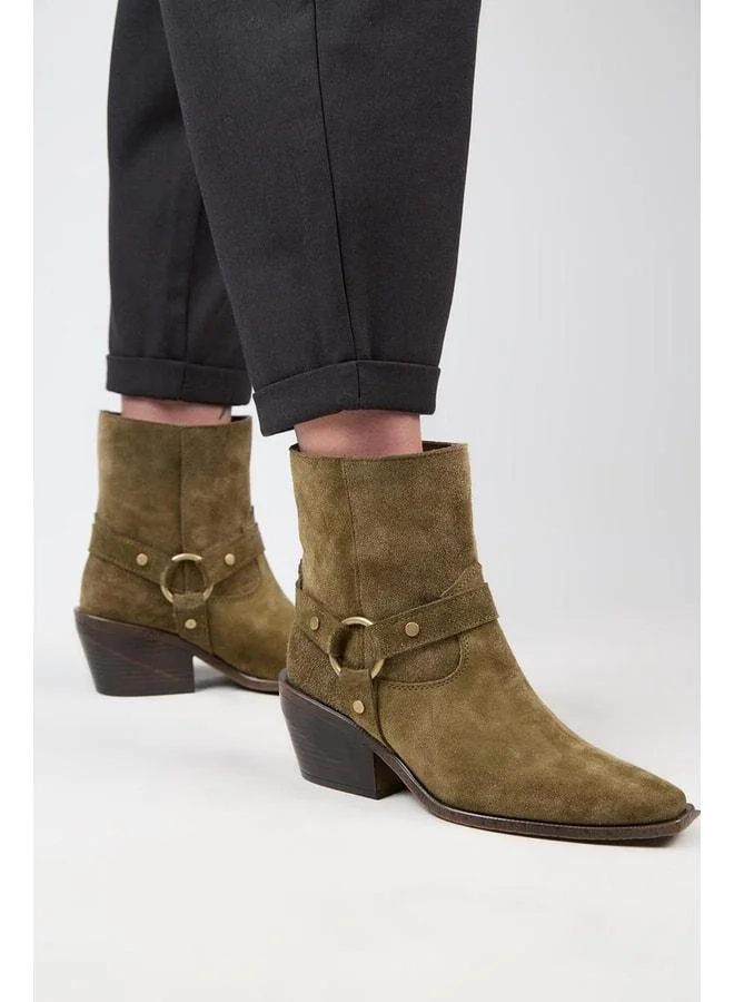 (Neus) Women's Real Leather Buckle Strap Cowboy Special Distressed Leather Khaki Boot.