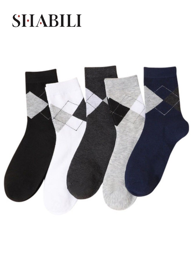 SHABILI 5 Pair Men’s Polyester Crew Socks Business Socks Summer Casual Socks Slouch Sock Argyle Set, Breathable Moisture-Wicking Elastic Cuff Anti-Odor No Pilling, Perfect for Daily Leisure Travel Sport - Image 1