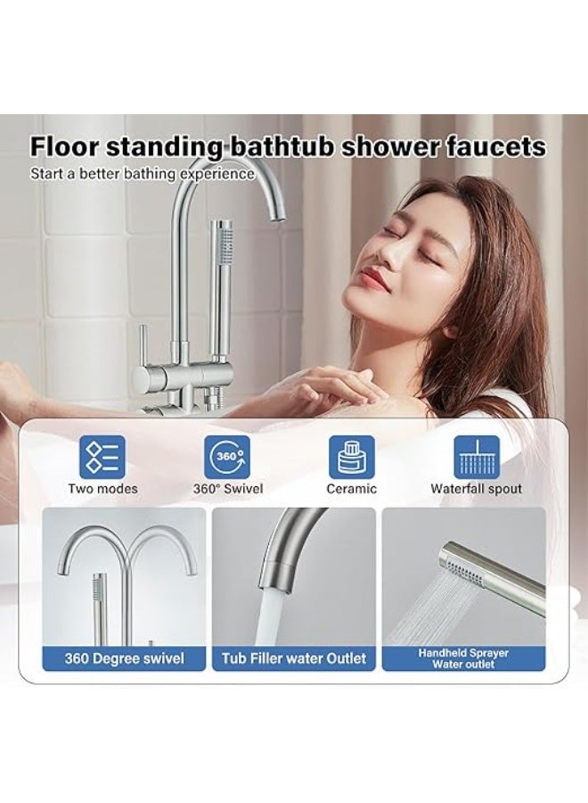 واي دي صنبور حوض استحمام فاخر قائم بذاته من YD، خلاط حوض استحمام مثبت على الأرض مع دش يدوي، طقم دش ذو ذراع واحد، حوض استحمام عصري - Image 2