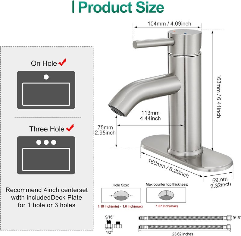 VOTON Bathroom Faucet Brushed Nickel One-Handle, Modern one Hole Bathroom Sink Faucet Lavatory Faucet with Deck - Image 5