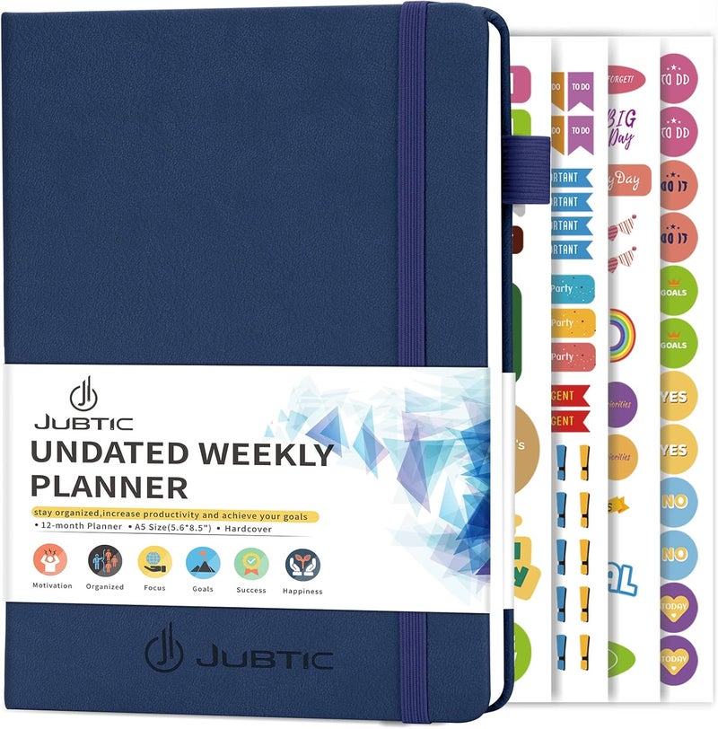 JUBTIC Undated Planner Weekly and Monthly Productivity Daily Planners 2022-2023 Agenda Calendar to Do List Notebook A5 Organization Journal with Stickers Appointment Book for Time Management-Dark Blue - Image 1