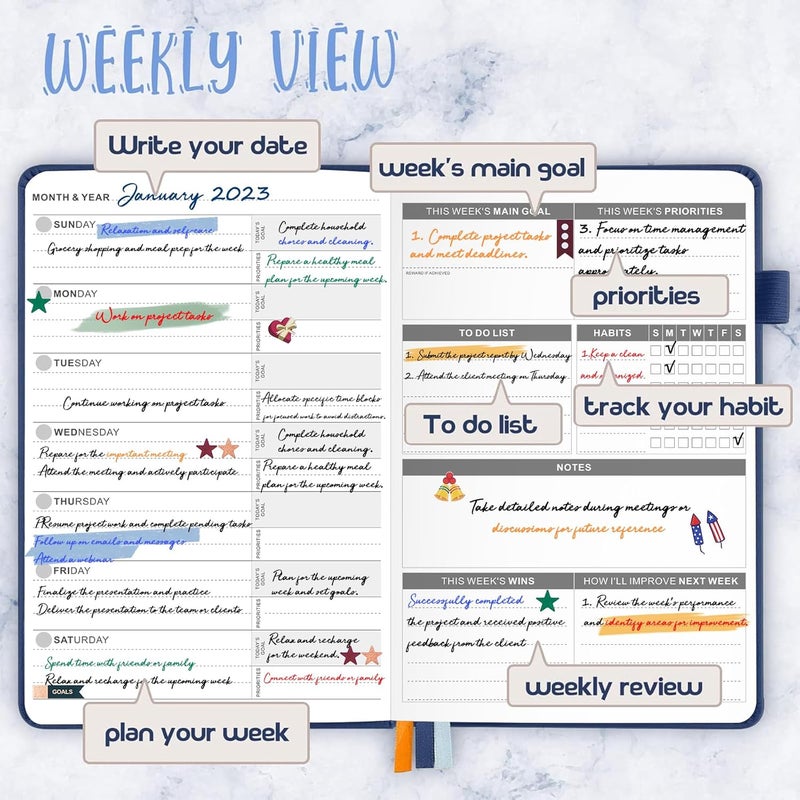 JUBTIC Undated Planner Weekly and Monthly Productivity Daily Planners 2022-2023 Agenda Calendar to Do List Notebook A5 Organization Journal with Stickers Appointment Book for Time Management-Dark Blue - Image 3
