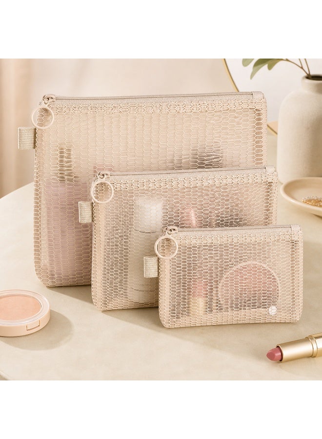 3pcs Portable Mesh Cosmetic Bags, Large Medium Small Makeup Pouches, Home Travel Outdoor Storage - Image 1