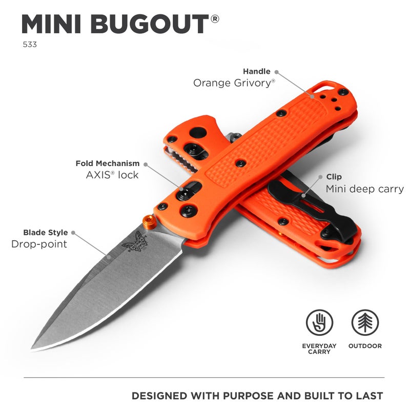 Benchmade بينشمايد - سكين ميني باج آوت 533 القابل للطي مع مقبض جريفوري برتقالي (533) - Image 2