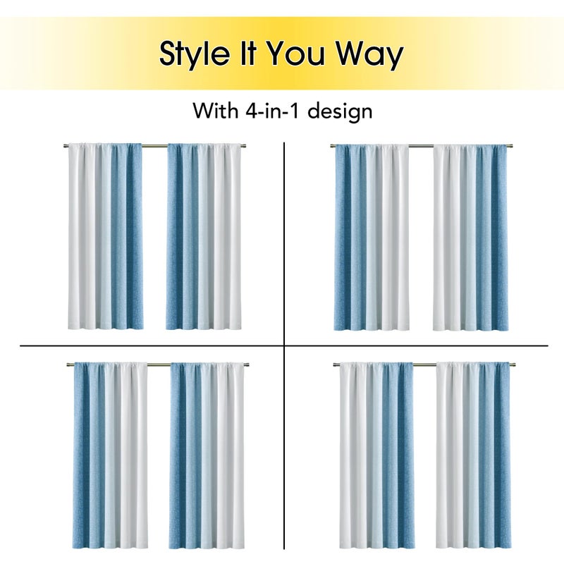 Geomoroccan Ombre 100% Blackout Curtains 63 Inch Length 2 Panels For Room Blue White Gradient Patterned Darkening Noise Reducing Rod Pocket Window Treatment Drapes - Image 5