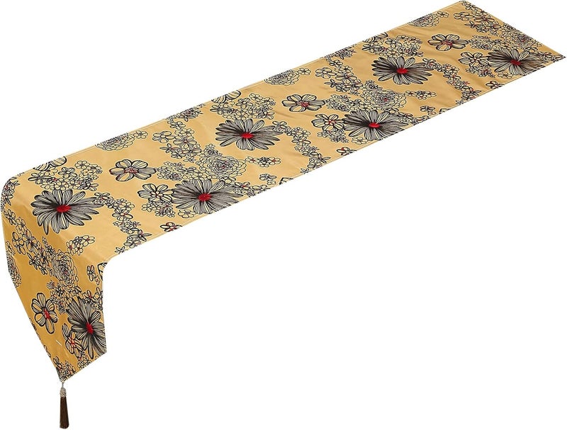 Violet Linen Silky Bloom Daisy Flower Pattern Faux Silk Polyester Fabric with Tassles Kitchen Dining Banquet Restaurant Dining Room Decor Gold 13 x 70  Rectangular Decorative Table Runner - Image 1