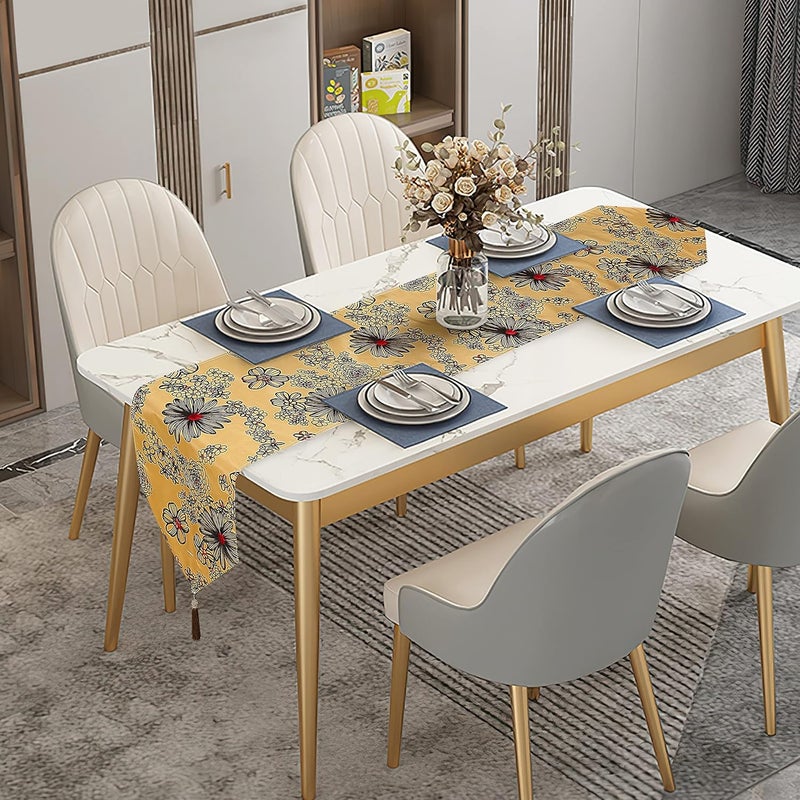 Violet Linen Silky Bloom Daisy Flower Pattern Faux Silk Polyester Fabric with Tassles Kitchen Dining Banquet Restaurant Dining Room Decor Gold 13 x 70  Rectangular Decorative Table Runner - Image 2
