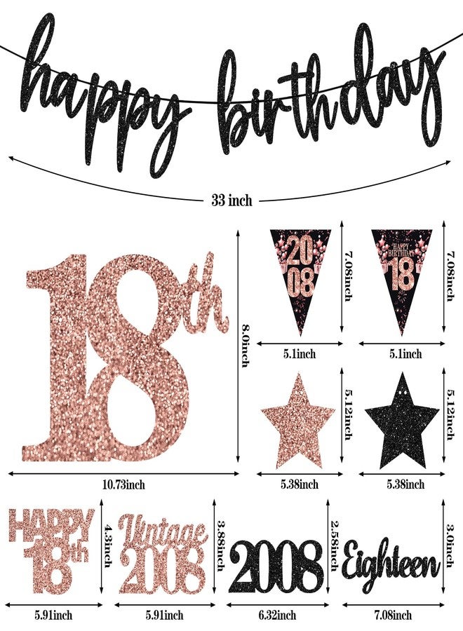 Guiruiy 12PCS 18th Birthday Decorations for Girls, Rose Gold Vintage 2008 Happy 18th Birthday Banner Triangle Flag Banner Glitter Hanging Swirls Party Supplies, Cheers to 18 Years Old Bday Decor - Image 2