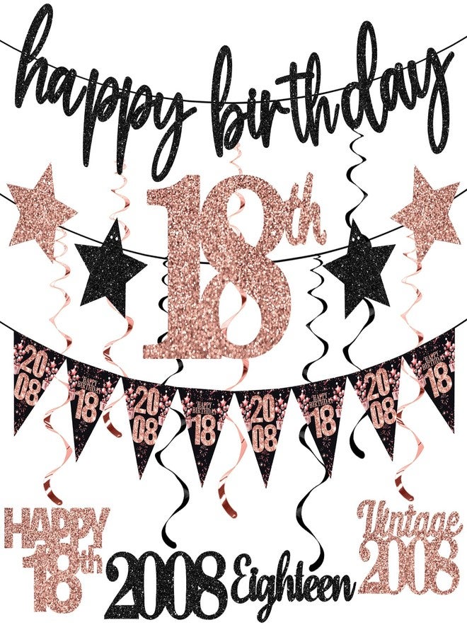 Guiruiy 12PCS 18th Birthday Decorations for Girls, Rose Gold Vintage 2008 Happy 18th Birthday Banner Triangle Flag Banner Glitter Hanging Swirls Party Supplies, Cheers to 18 Years Old Bday Decor - Image 1
