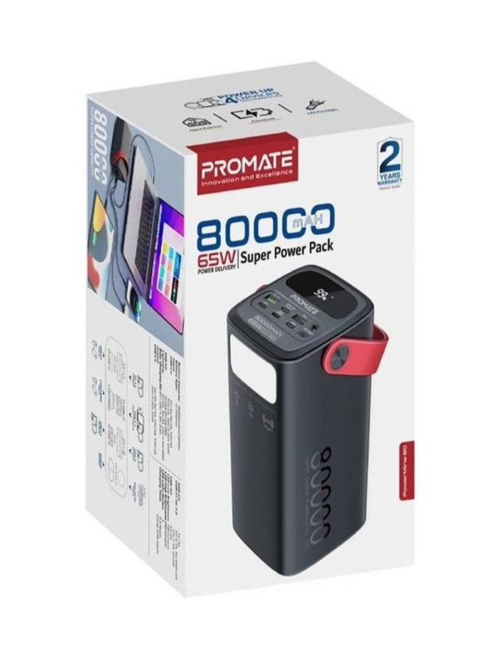 Generic - 80000.0 mAh Power Bank, 80000mAh High-Capacity Battery Charger with 65W In/Out USB-C Power Delivery, 15W USB-C Port, 22.5W QC 3.0 Port, 15W USB Port and LED Torchlight for iPhone 14, MacBook Air BLACK - Image 1