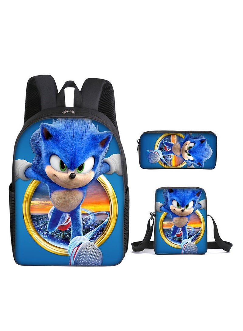 Sonic student large capacity backpack three piece set, anime cartoon backpack, shoulder bag pen bag