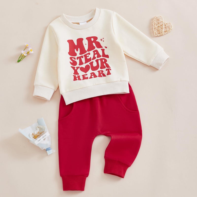 Frietlebird My First Valentines Day Baby Boy Outfit Letter Print Crewneck Sweatshirt with Pants Cute Winter Spring Clothes Outfits (VA-Beige Red Heart,6-12 Months) - Image 2