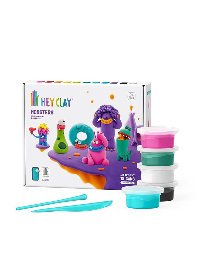HEY CLAY Monsters Set-Colourful Modeling Kids-Air Dry Clay Kit 15 Cans And Sculpting Tools - Image 1