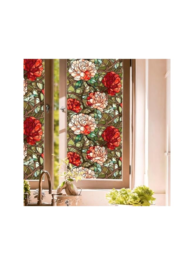 The Bros Stained Glass Privacy Window Film, Decorative Non-Adhesive Window Tinting Film for Home, Anti-UV Frosted Glass Film, 17.7" x 39.5", Floral Design for Bathroom, Living Room, Sliding Doors - Image 2