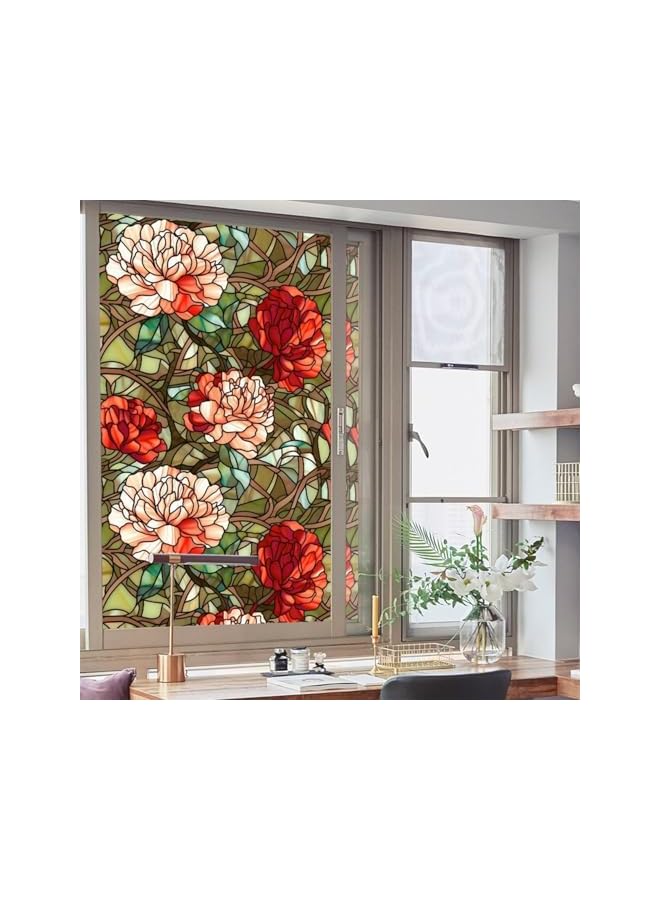 The Bros Stained Glass Privacy Window Film, Decorative Non-Adhesive Window Tinting Film for Home, Anti-UV Frosted Glass Film, 17.7" x 39.5", Floral Design for Bathroom, Living Room, Sliding Doors - Image 3