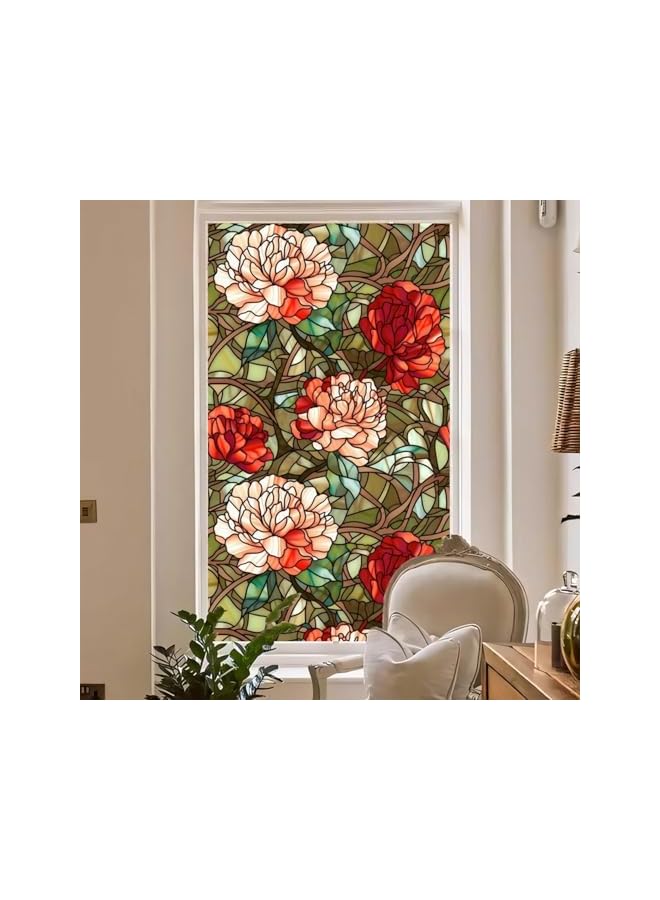 The Bros Stained Glass Privacy Window Film, Decorative Non-Adhesive Window Tinting Film for Home, Anti-UV Frosted Glass Film, 17.7" x 39.5", Floral Design for Bathroom, Living Room, Sliding Doors - Image 5