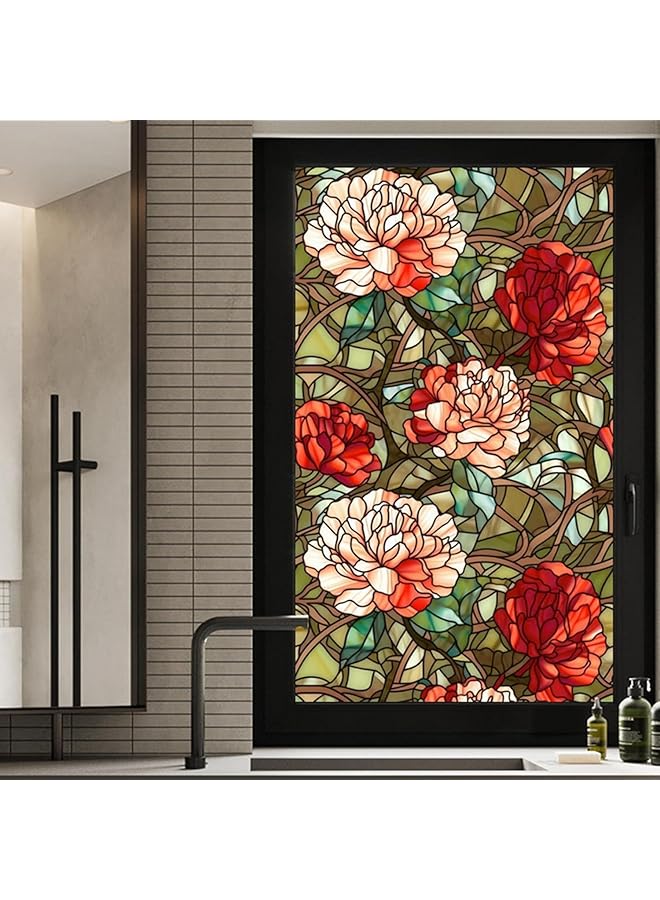 The Bros Stained Glass Privacy Window Film, Decorative Non-Adhesive Window Tinting Film for Home, Anti-UV Frosted Glass Film, 17.7" x 39.5", Floral Design for Bathroom, Living Room, Sliding Doors - Image 1