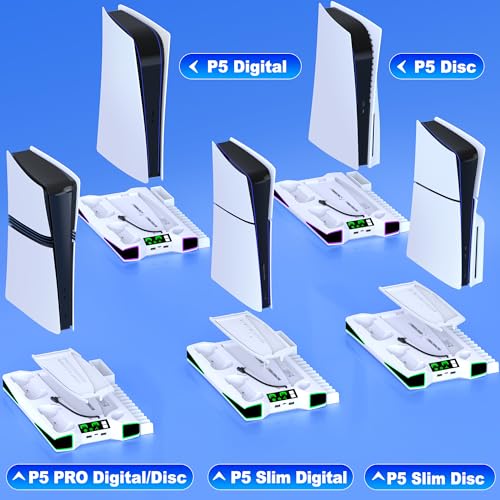 Kawaye محطة تبريد كاواي لجهاز PS5/Pro/Slim، ملحقات PS5، قاعدة عمودية مع مروحة تبريد كبيرة 2.36 بوصة، إضاءة ملونة، شاحن مزدوج لوحدات التحكم، حامل سماعة رأس، 3 منافذ شحن - Image 5