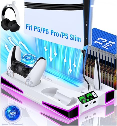 Kawaye محطة تبريد كاواي لجهاز PS5/Pro/Slim، ملحقات PS5، قاعدة عمودية مع مروحة تبريد كبيرة 2.36 بوصة، إضاءة ملونة، شاحن مزدوج لوحدات التحكم، حامل سماعة رأس، 3 منافذ شحن - Image 1