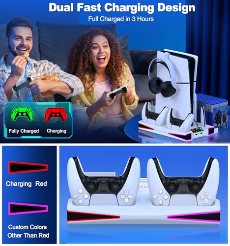 Kawaye محطة تبريد كاواي لجهاز PS5/Pro/Slim، ملحقات PS5، قاعدة عمودية مع مروحة تبريد كبيرة 2.36 بوصة، إضاءة ملونة، شاحن مزدوج لوحدات التحكم، حامل سماعة رأس، 3 منافذ شحن - Image 4