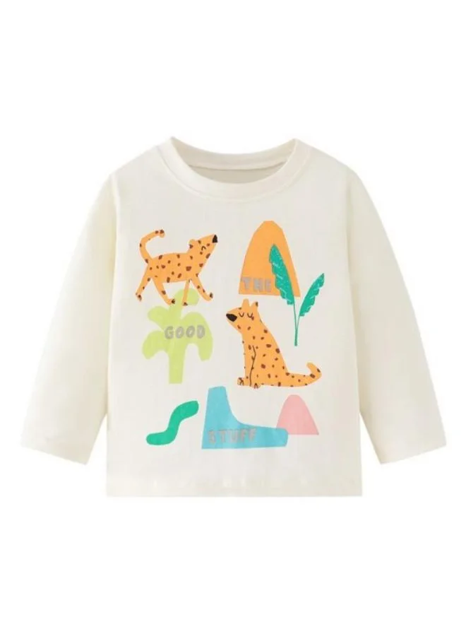 يونيكي Cream Printed Long Sleeve Crew Neck T-Shirt