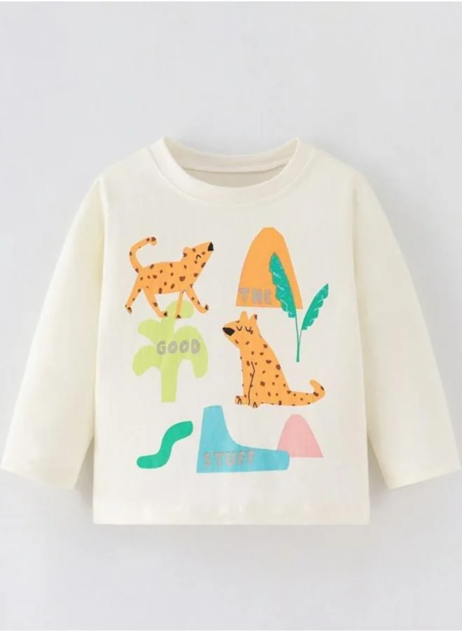 يونيكي Cream Printed Long Sleeve Crew Neck T-Shirt