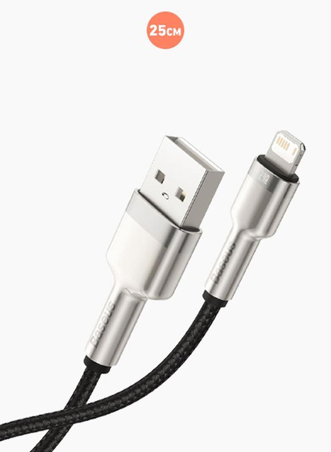بيسوس كابل لنقل البيانات والشحن السريع من USB-A إلى Lightning من سلسلة كافولي مصنوع من النايلون بتصميم مضفر بتيار 2.4 أمبير لهاتف آيفون 13 برو/ 13 برو ماكس/ 13/ 13 ميني ولجهاز آي باد 9/ 12 ميني/ 12/ 12 برو والمزيد (مقاس 25 سم) أسود/فضي - Image 2