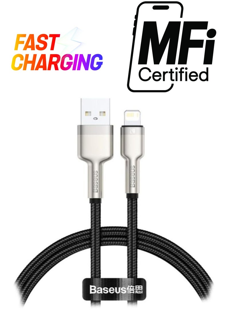 بيسوس كابل لنقل البيانات والشحن السريع من USB-A إلى Lightning من سلسلة كافولي مصنوع من النايلون بتصميم مضفر بتيار 2.4 أمبير لهاتف آيفون 13 برو/ 13 برو ماكس/ 13/ 13 ميني ولجهاز آي باد 9/ 12 ميني/ 12/ 12 برو والمزيد (مقاس 25 سم) أسود/فضي - Image 1