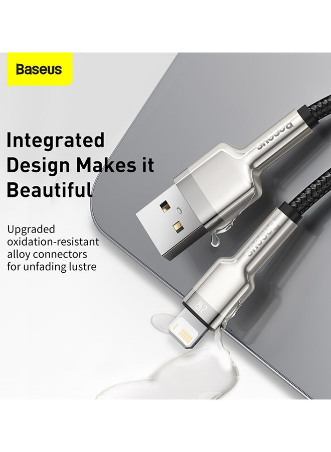 بيسوس كابل لنقل البيانات والشحن السريع من USB-A إلى Lightning من سلسلة كافولي مصنوع من النايلون بتصميم مضفر بتيار 2.4 أمبير لهاتف آيفون 13 برو/ 13 برو ماكس/ 13/ 13 ميني ولجهاز آي باد 9/ 12 ميني/ 12/ 12 برو والمزيد (مقاس 25 سم) أسود/فضي - Image 5
