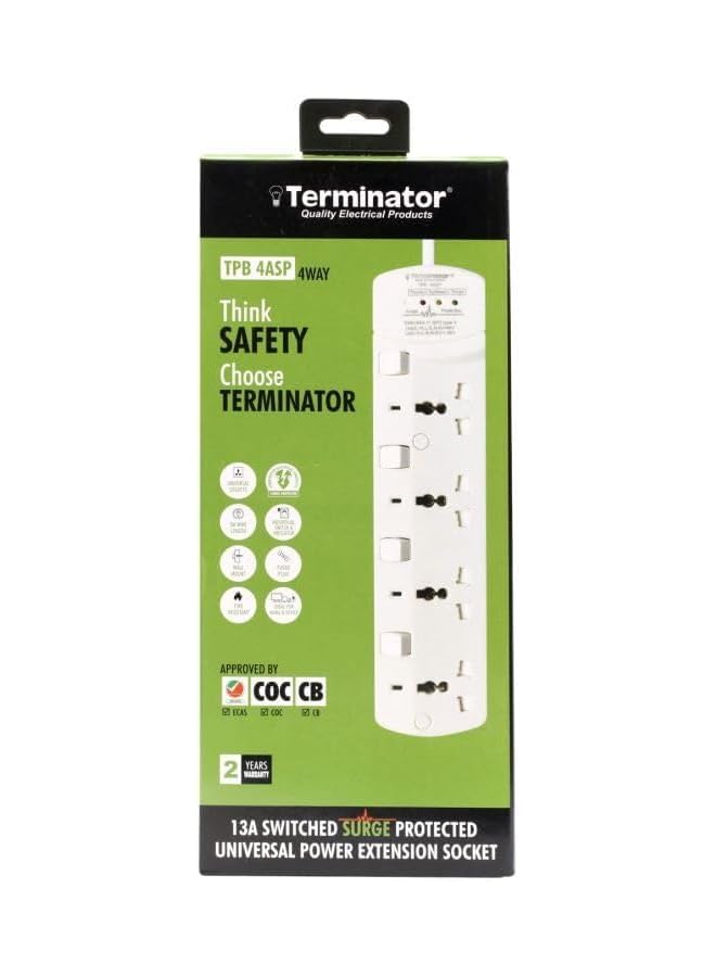 Terminator- Surge Protection 4 Way Universal Power Extension Socket With Individual Switches & Indicators 3M 13A White 30X5X13CM - Image 2
