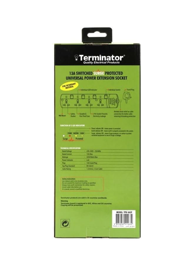 Terminator- Surge Protection 4 Way Universal Power Extension Socket With Individual Switches & Indicators 3M 13A White 30X5X13CM - Image 3