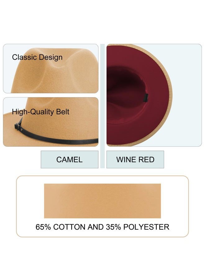 KUJUHA Wide Brim Fedora Hats for Women Men Two Tone Dress Hat Felt Panama Hat in Two Audlt Size, Tan/Wine-p, L-XL - Image 3