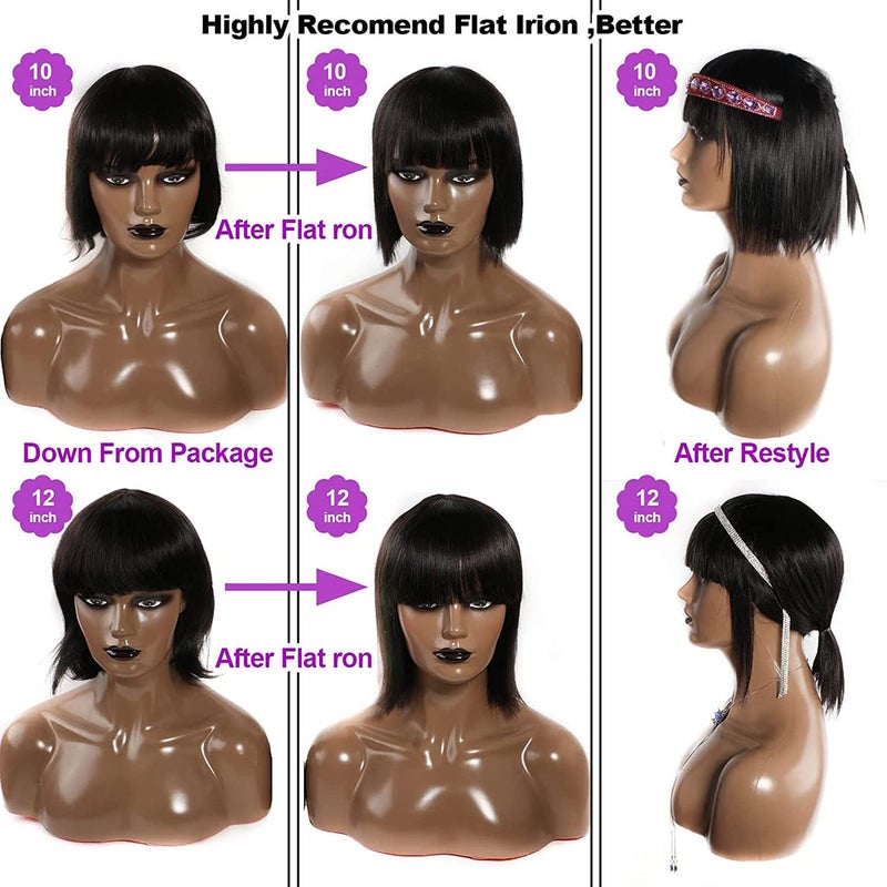 Rebasar Short Bob Wig with Bangs 10 Inch Brazilian Straight Hair None Lace Front Bob Wig Human Hair Wigs for Black Women Human Hair Glueless Wear and Go Natural Black Wig - Image 2