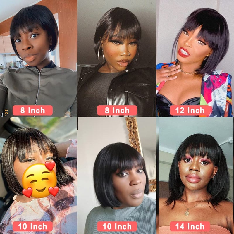 Rebasar Short Bob Wig with Bangs 10 Inch Brazilian Straight Hair None Lace Front Bob Wig Human Hair Wigs for Black Women Human Hair Glueless Wear and Go Natural Black Wig - Image 4