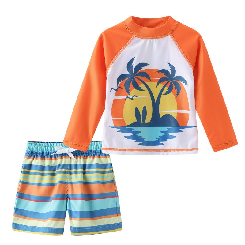 Aisyee Toddler Boys Rash Guard Set Baby Boys Swim Set with Swim Trunks Long Sleeve Bathing Suits Beach Sunset 3T - Image 4