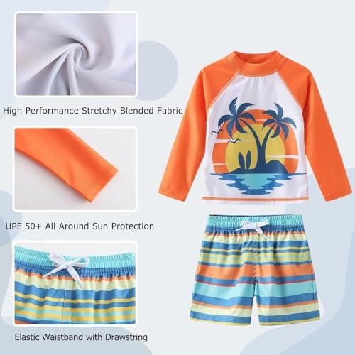 Aisyee Toddler Boys Rash Guard Set Baby Boys Swim Set with Swim Trunks Long Sleeve Bathing Suits Beach Sunset 3T - Image 5