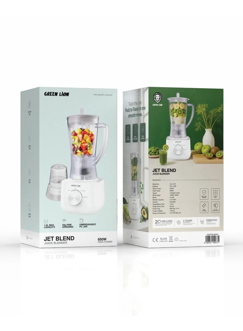 GREEN LION Jet Blend Pro Juice Blender 650W / Blender with Grind mills / Juicer Blender Capacity 1.0L Max / Smoothie Maker Blade 4-Leaf / High RPM Speed 19000 / Mixer with 2 Speed  - White - Image 4